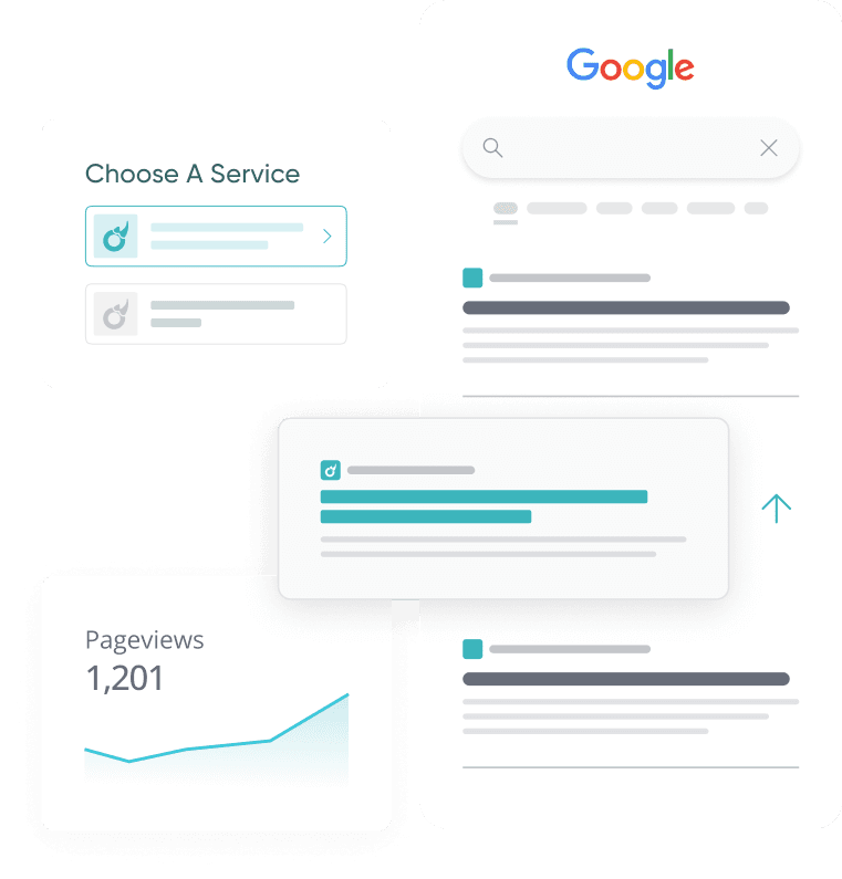 Ilustrație grafică - creșterea ranking-ului Google cu serviciile de link building Rhino Media