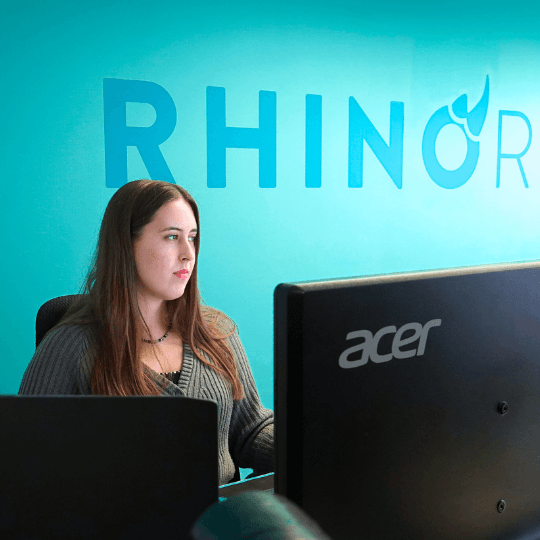Echipa Rhino Media lucrând la birou
